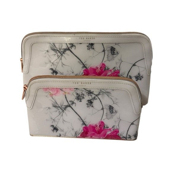 Ted Baker White and Pink Floral Cosmetic Bag Set - Picture 1 of 14